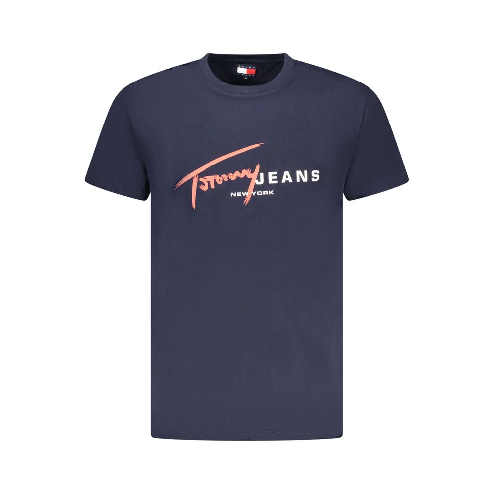 Tommy Hilfiger Blue Cotton Men T-Shirt featuring a crew neck and bold brand emblem, crafted from 95% regenerative cotton.