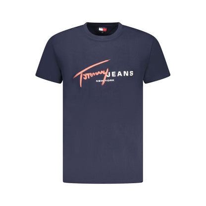 Tommy Hilfiger Blue Cotton Men T-Shirt featuring a crew neck and bold brand emblem, crafted from 95% regenerative cotton.