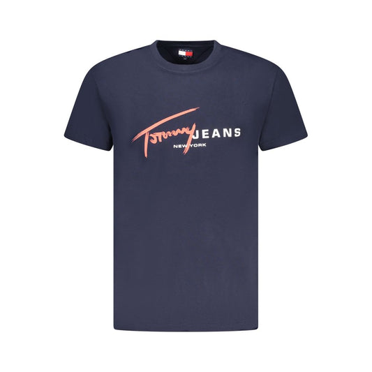 Tommy Hilfiger Blue Cotton Men T-Shirt featuring signature logo design, crafted from 95% regenerative cotton for eco-conscious fashion enthusiasts.