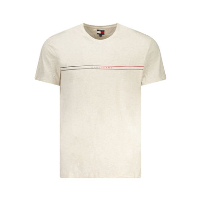 Tommy Hilfiger Beige Cotton Men T-Shirt with short sleeves, crew neck, and logo on chest, made from 95% regenerative cotton.