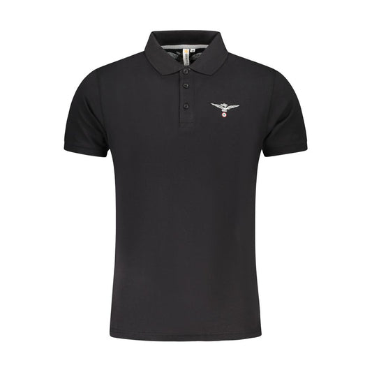 Accademia Militare Black Cotton Polo Shirt with short sleeves, eagle print, logo, and three buttons. Stylish and comfortable design.