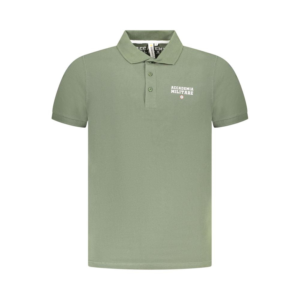 Accademia Militare Green Cotton Polo Shirt with short sleeves, 3 buttons, print, and logo design on a green background.