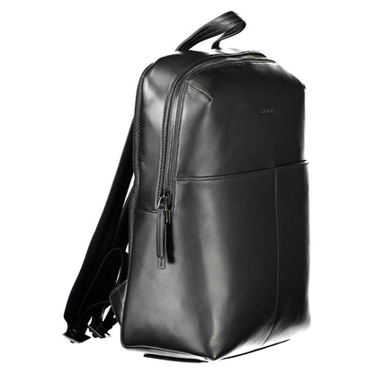 Calvin Klein Black Polyethylene Backpack with adjustable straps and zip closure, featuring external and internal pockets for organization.