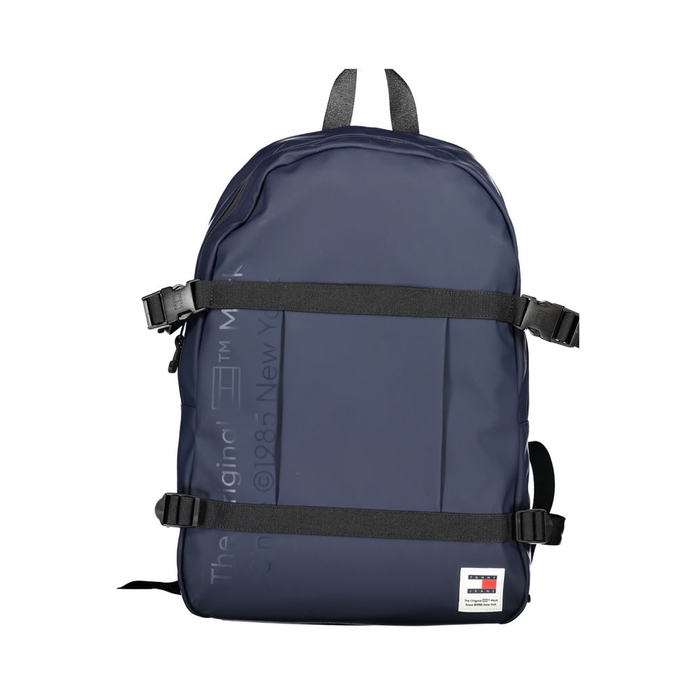 Tommy Hilfiger Blue Polyethylene Backpack with adjustable straps, external pocket, internal compartment, contrasting details, and logo.