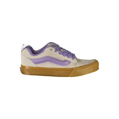 Vans Gray Leather Women Sneaker with Wisteria accents, featuring lace-up design and gum sole, perfect for casual style.