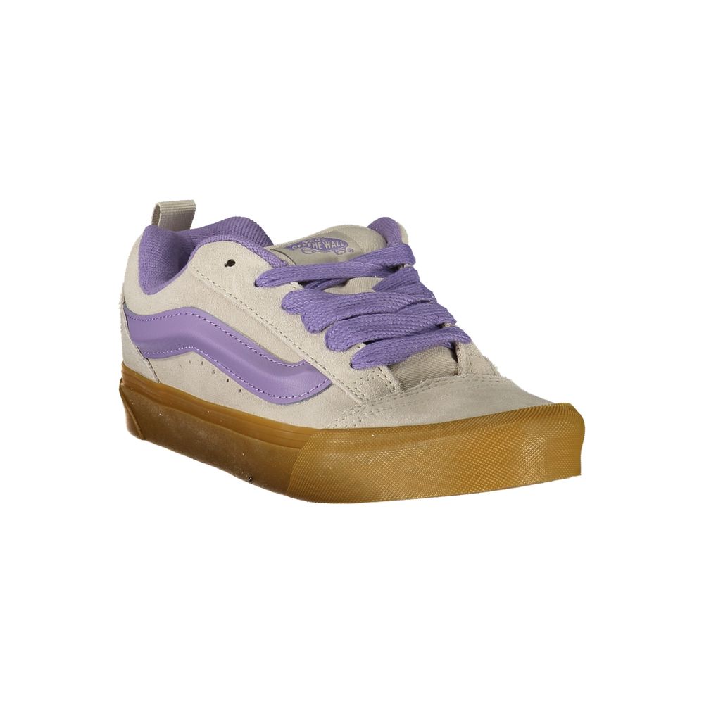 Vans Gray Leather Women Sneaker with Wisteria accents and iconic Vans logo, showcasing casual comfort and style.