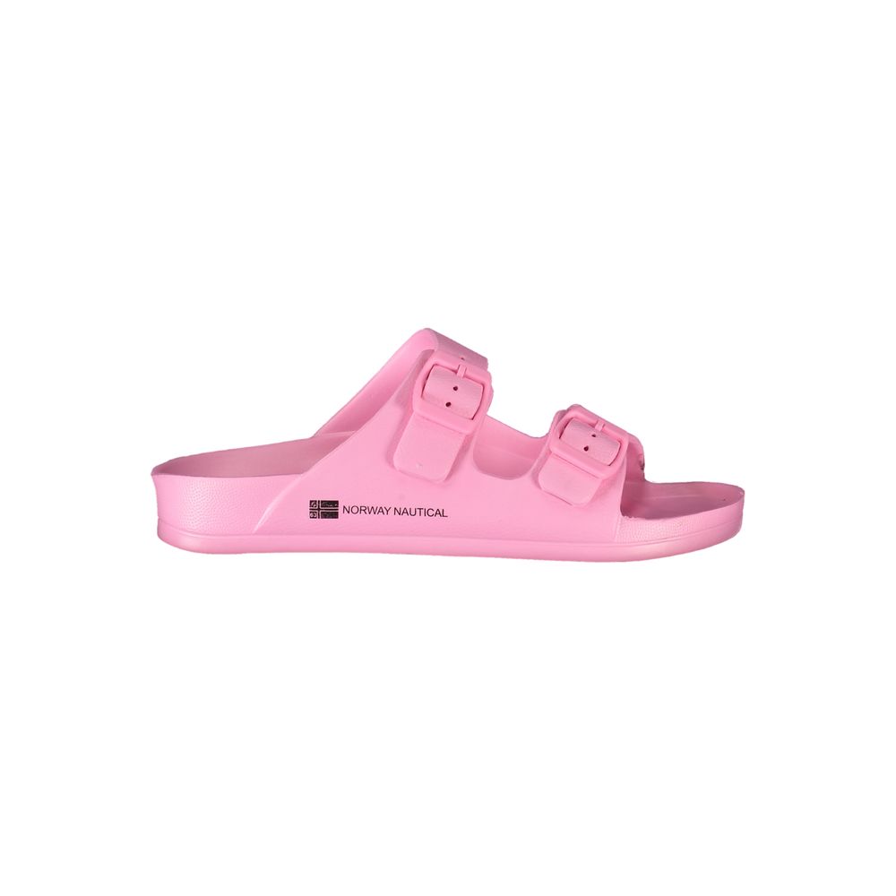 Norway 1963 Pink Plastic Women Sandal with dual buckles and logo, stylish footwear for modern sensibilities.