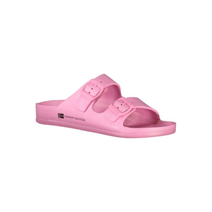 Norway 1963 Pink Plastic Women Sandal with twin buckles and logo, stylish and durable footwear for a pop of color and comfort.
