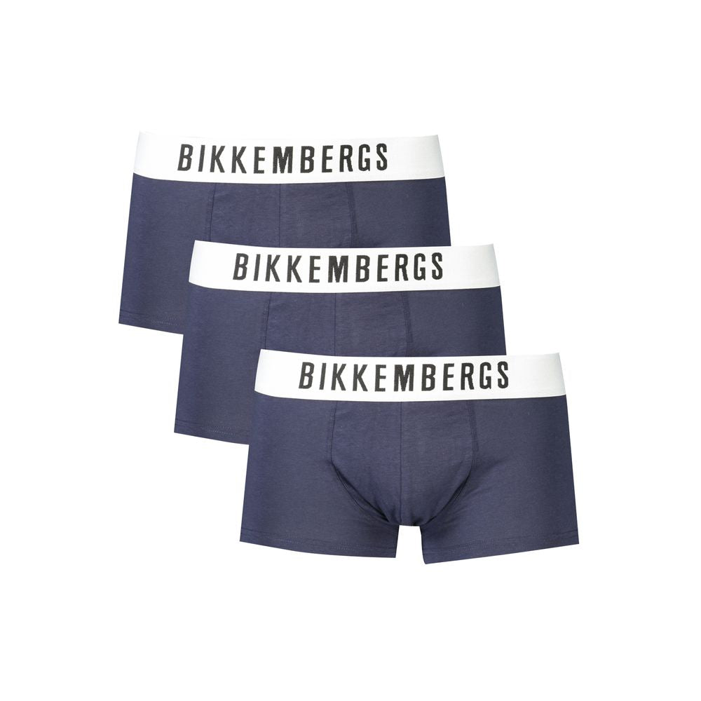 Bikkembergs Blue Cotton Underwear tri-pack with elastic waistband, logo print on waistband, elegant boxer design.