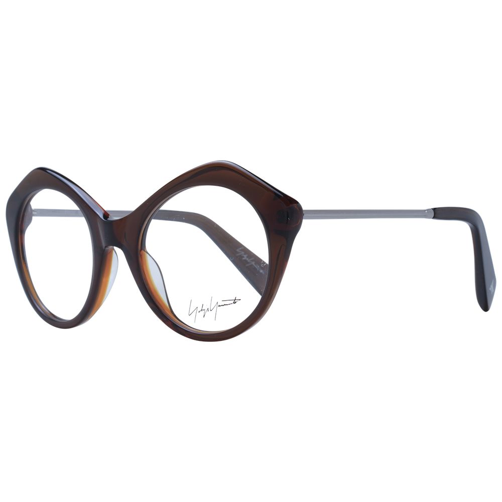 Yohji Yamamoto Brown Unisex Glasses Frame, round full-rim acetate with demo lenses, size 51-20-140, includes branded soft case.