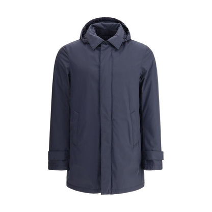 Herno Blue Goose Down Coat with removable hood and front closure, perfect for cold weather protection.