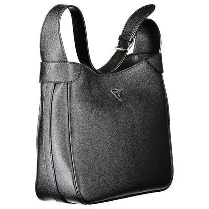 Guess Jeans Black Polyethylene Handbag featuring adjustable shoulder handle, internal pocket, document spaces, and snap closure.