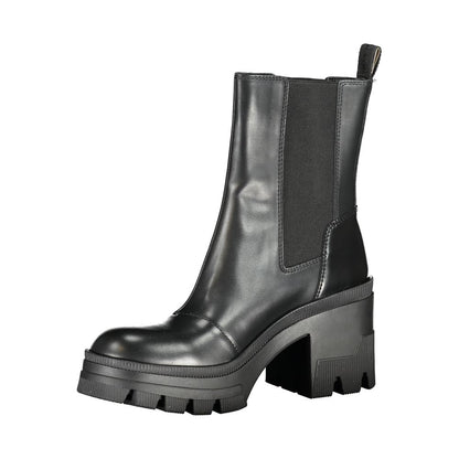 Calvin Klein Black Leather Women Boot with chic 8 cm heel and iconic logo, blending sophistication with signature elegance.