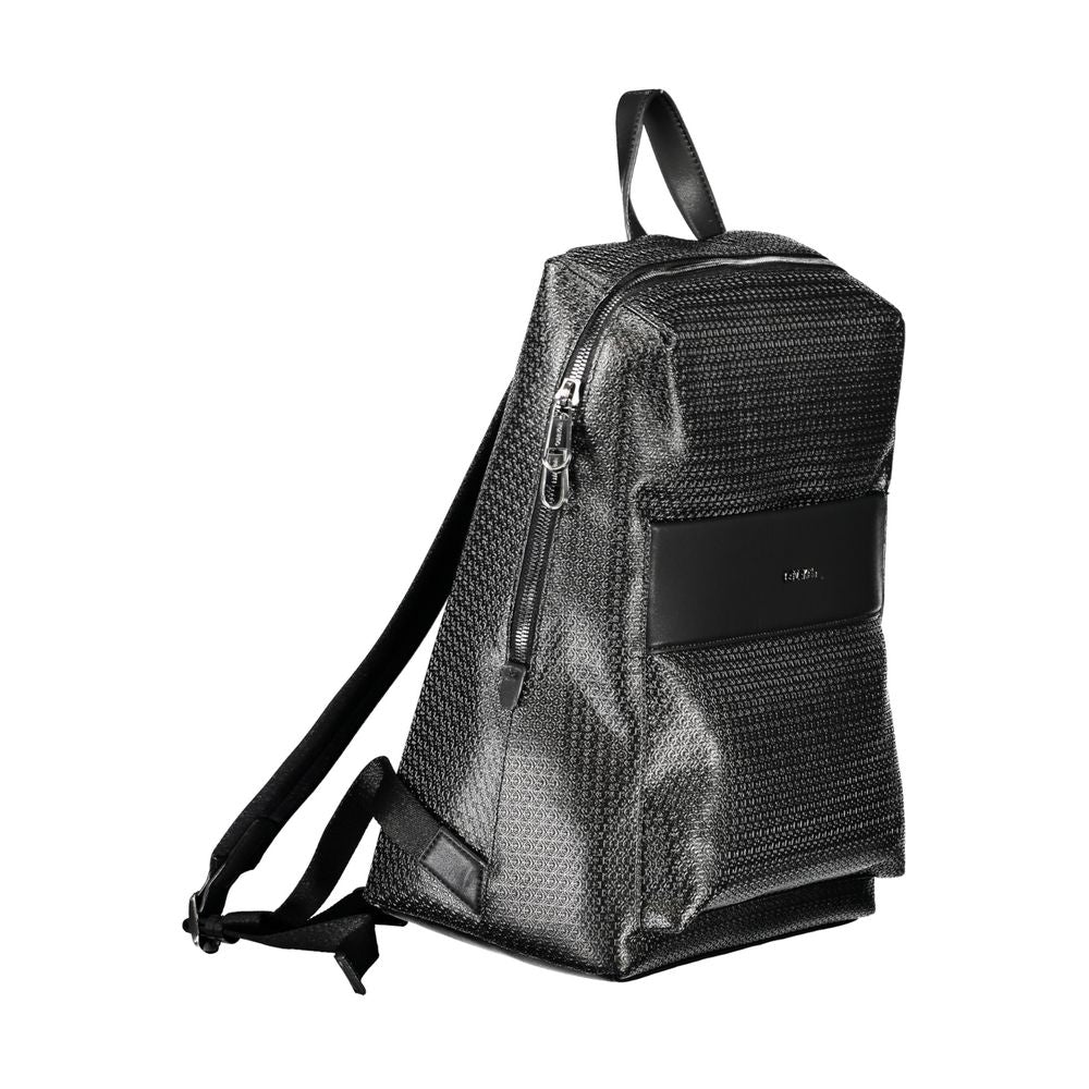 Calvin Klein Black Polyester Backpack with adjustable straps, external pocket, and laptop compartment, made from recycled materials.