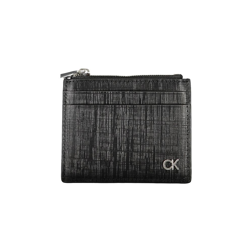 Calvin Klein Black Leather Wallet with card holder, central pocket, and zip closure. Features logo design. Stylish and functional accessory.