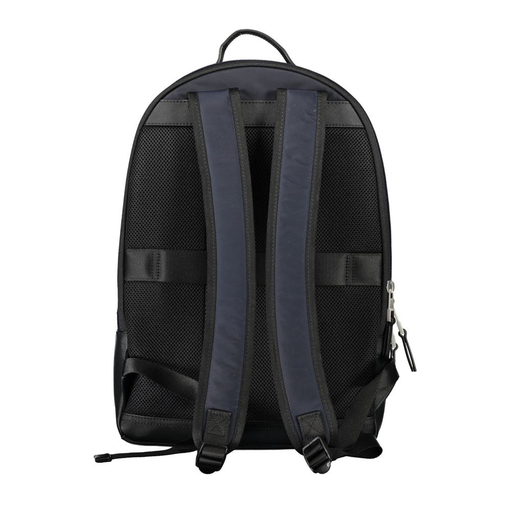 Back view of Tommy Hilfiger Blue Polyester Backpack showing adjustable straps and handle, featuring a durable black mesh design.