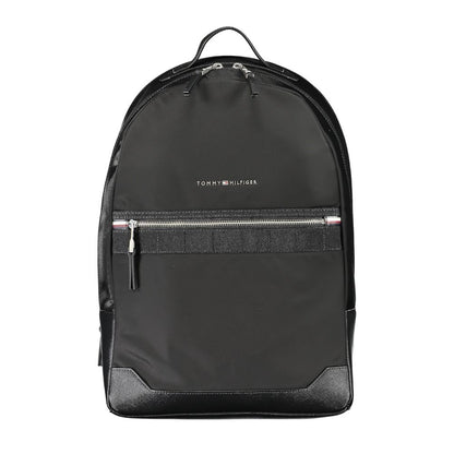 Tommy Hilfiger Black Polyester Backpack with handle, adjustable straps, external pocket, and zip closure, featuring logo.