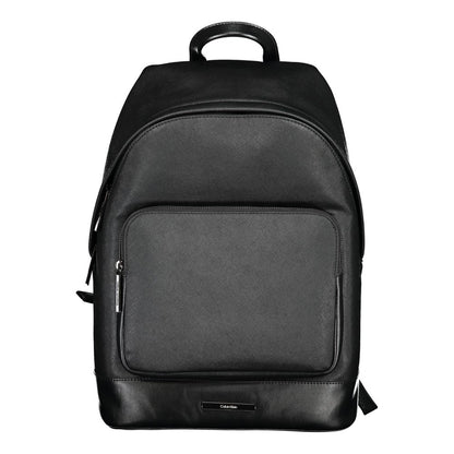 Calvin Klein Black Polyester Backpack with handle, adjustable straps, external/internal pockets, laptop compartment, and protective feet.