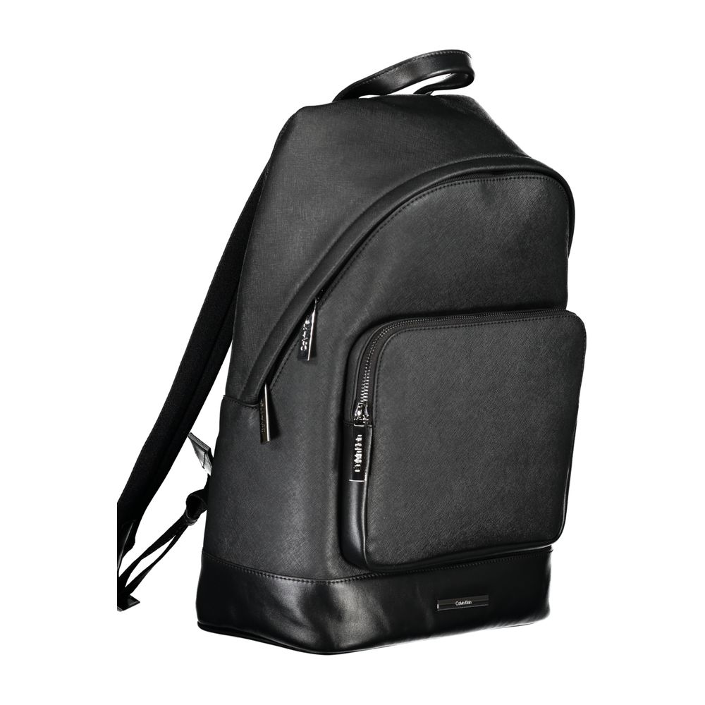 Calvin Klein Black Polyester Backpack with adjustable straps and multiple compartments, featuring a logo and contrasting details.