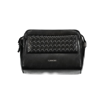 Calvin Klein Black Polyester Handbag with adjustable strap, external and internal pockets, zip closure, and logo.