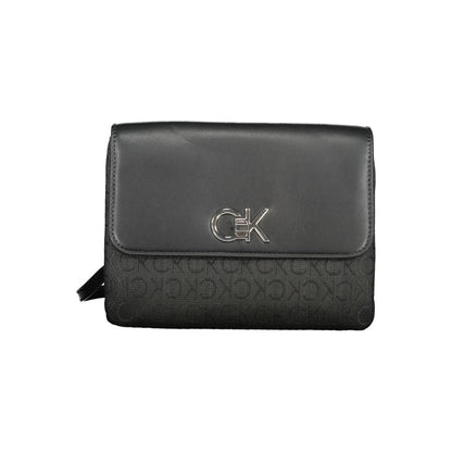 Calvin Klein Black Polyester Handbag with chain handle, adjustable shoulder strap, turn closure, and logo accents.