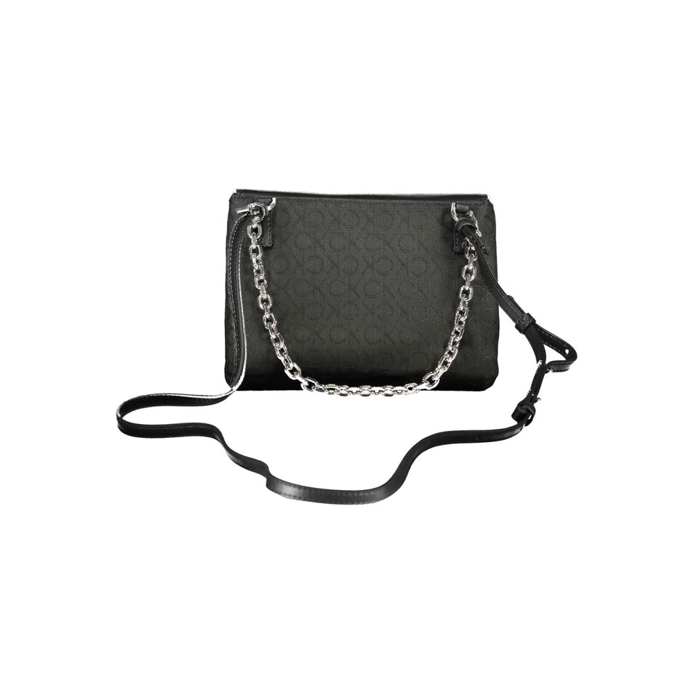 Calvin Klein Black Polyester Handbag with chain handle and adjustable strap, featuring two compartments and a turn closure.