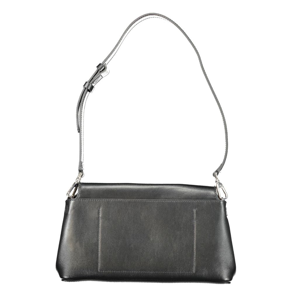 Calvin Klein Black Polyester Handbag with adjustable strap, removable shoulder option, internal pocket, and snap closure.