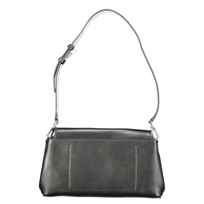 Calvin Klein Black Polyester Handbag with adjustable strap, removable shoulder option, internal pocket, and snap closure.