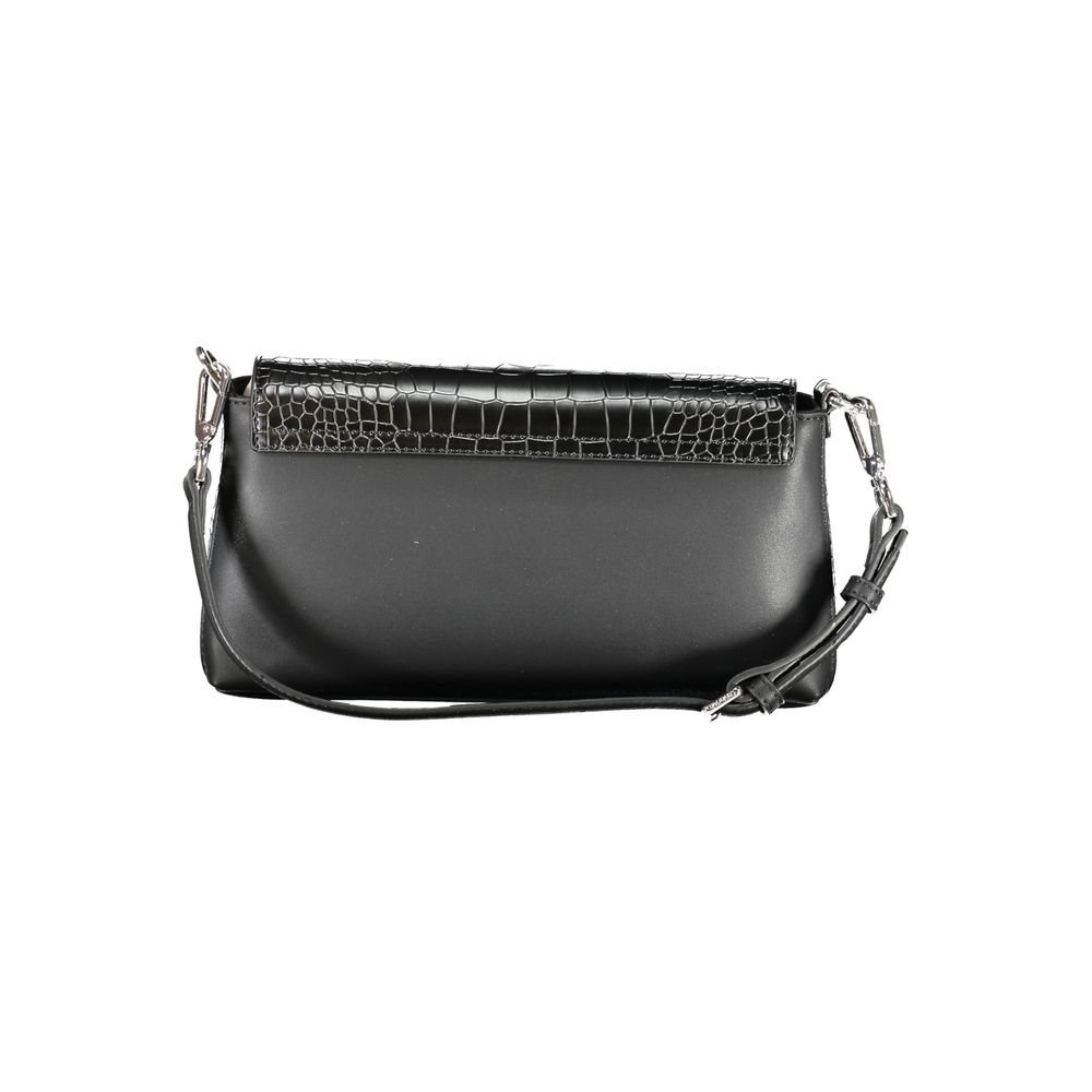 Calvin Klein Black Polyester Handbag with adjustable shoulder strap and logo, featuring contrast details and internal card pocket.