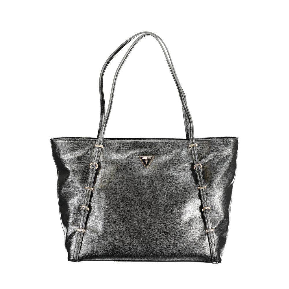 Guess Jeans Black Polyethylene Handbag featuring two shoulder handles, external pocket, contrasting details, and protective feet.