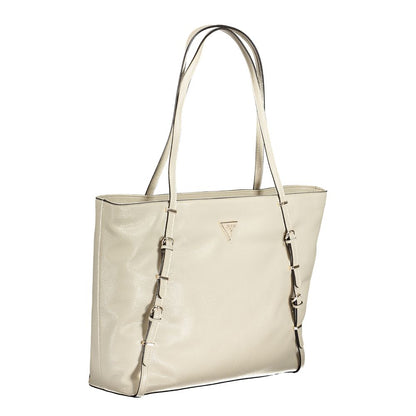 Guess Jeans Beige Polyethylene Handbag with shoulder handles, external pocket, protective feet, and logo design.
