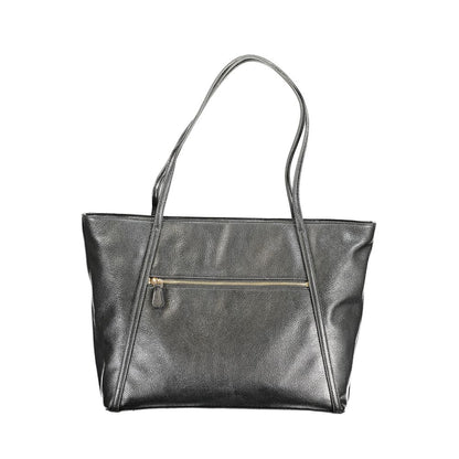 Guess Jeans Black Polyethylene Handbag with shoulder handles and external pocket, featuring a sleek design and logo detailing.