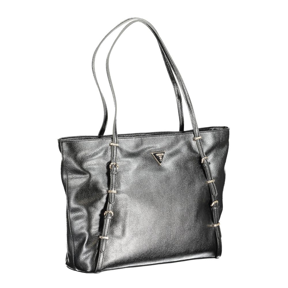 Guess Jeans Black Polyethylene Handbag with shoulder handles, zip closure, protective feet, and logo detailing.