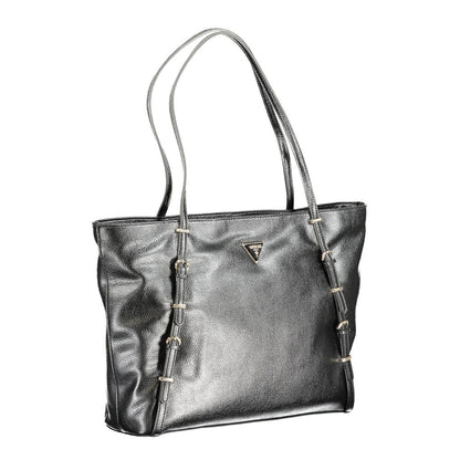 Guess Jeans Black Polyethylene Handbag with shoulder handles, zip closure, protective feet, and logo detailing.