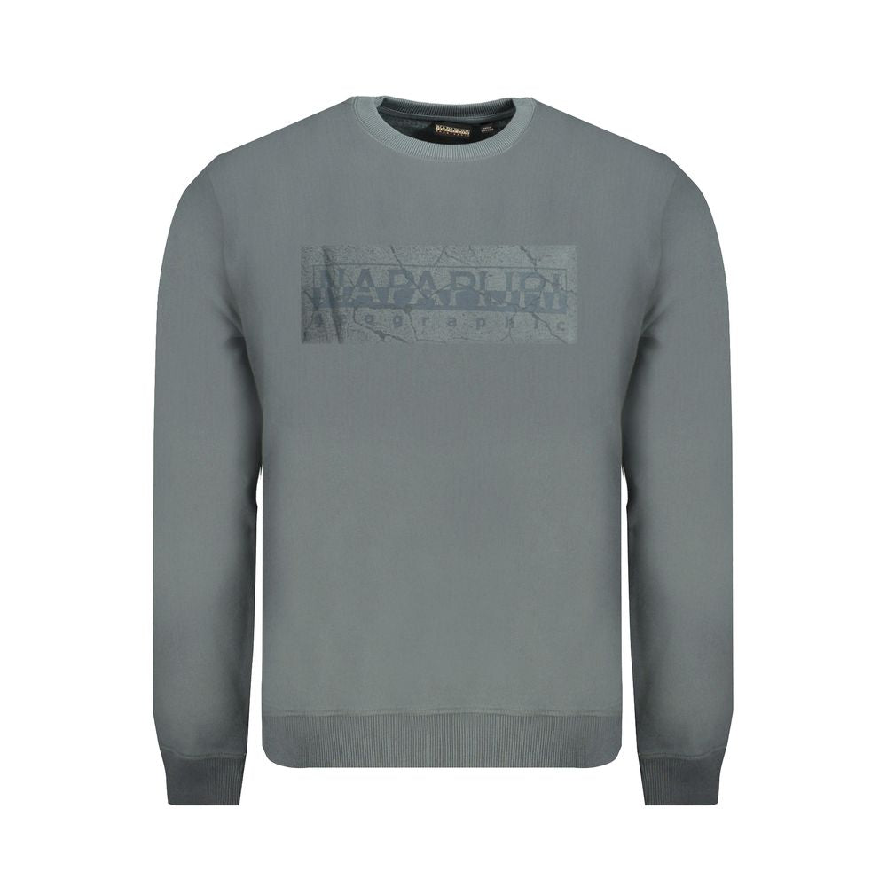 Napapijri Green Cotton Men Sweater with logo print, crew neck, and long sleeves for stylish comfort.