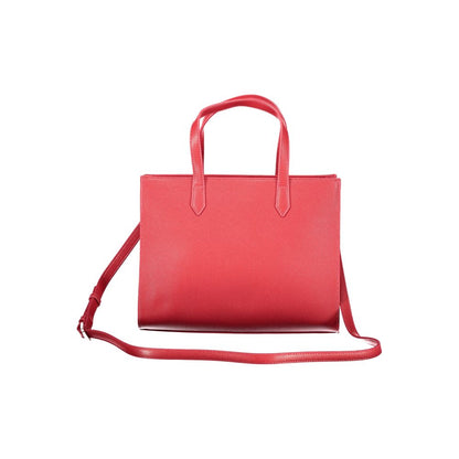 Mario Valentino Red Polyethylene Handbag with two handles and adjustable shoulder strap, featuring internal pockets and zip closure.