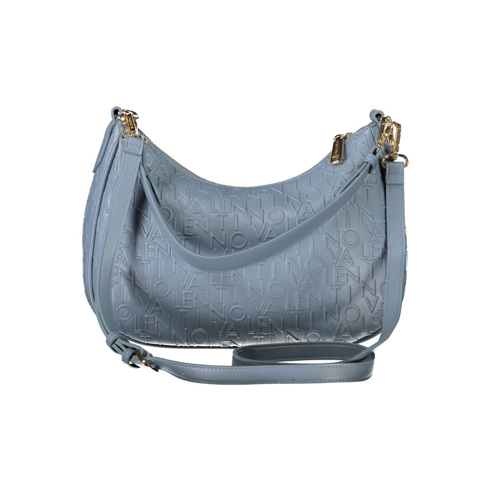 Mario Valentino Blue Polyethylene Handbag with removable shoulder strap, internal pockets, and zip closure showcasing logo details.