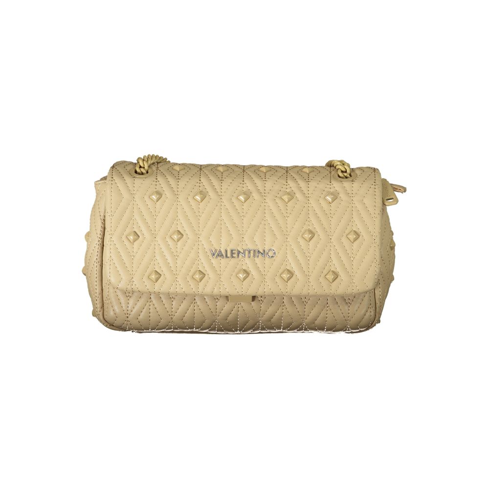 Mario Valentino Beige Polyester Handbag with chain strap, quilted design, and logo detail. Features zip and clip closure.