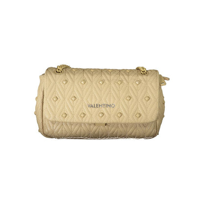 Mario Valentino Beige Polyester Handbag with chain strap, quilted design, and logo detail. Features zip and clip closure.
