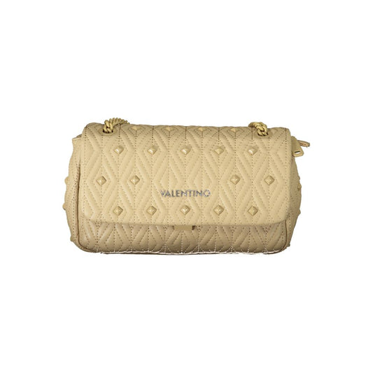 Mario Valentino Beige Polyester Handbag with chain strap, quilted design, and logo detail. Features zip and clip closure.