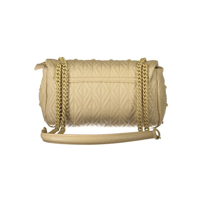 Alt Tag: Mario Valentino Beige Polyester Handbag with chain shoulder strap, contrasting details, and zip and clip closure, back view