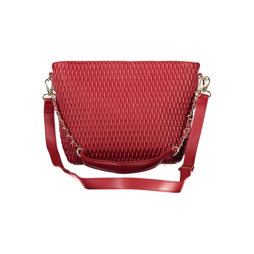 Mario Valentino Red Polyethylene Handbag with removable shoulder handle and adjustable strap, featuring zip closure and protective feet.