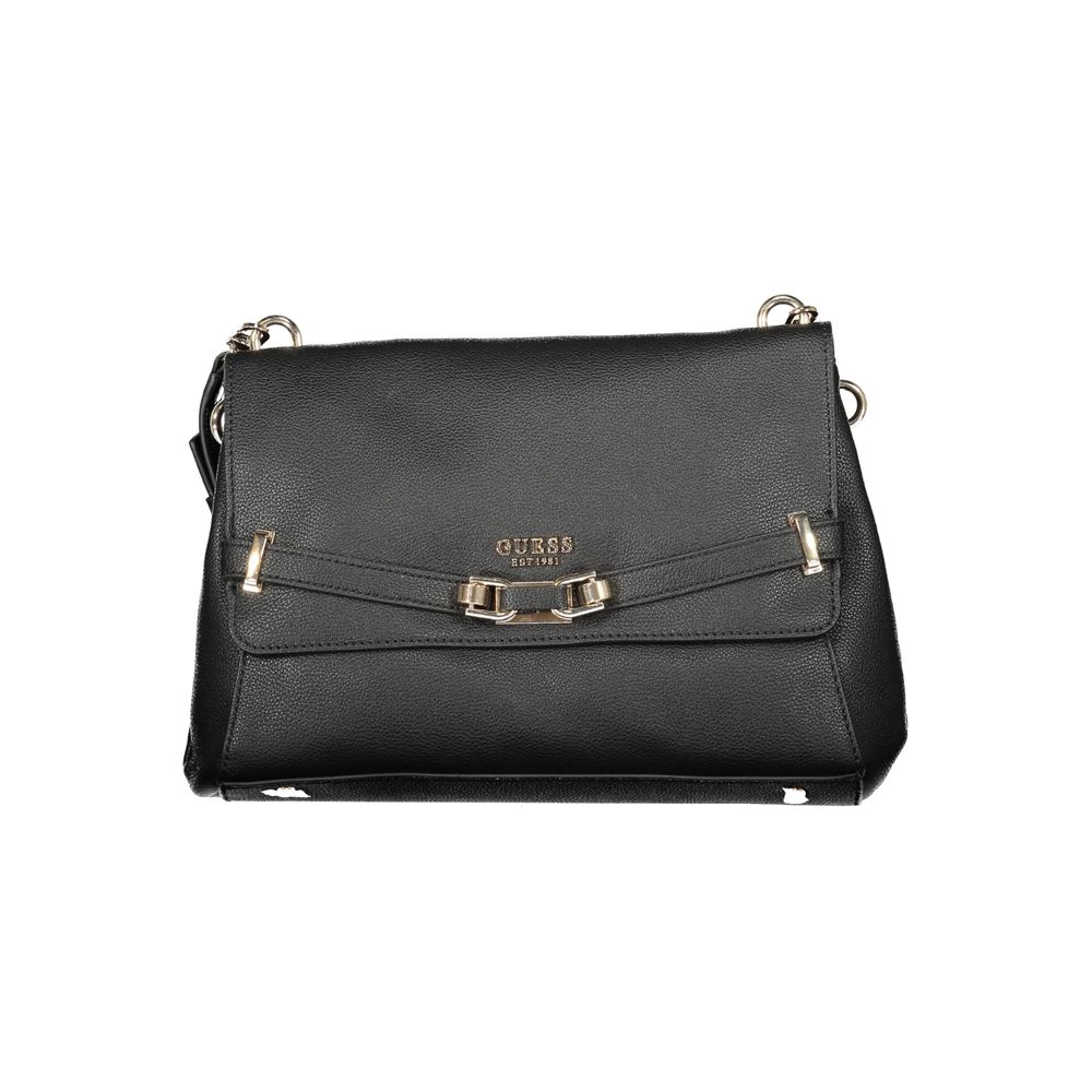 Guess Jeans Black Polyethylene Handbag with adjustable shoulder handle and strap, multiple pockets, and contrasting details.