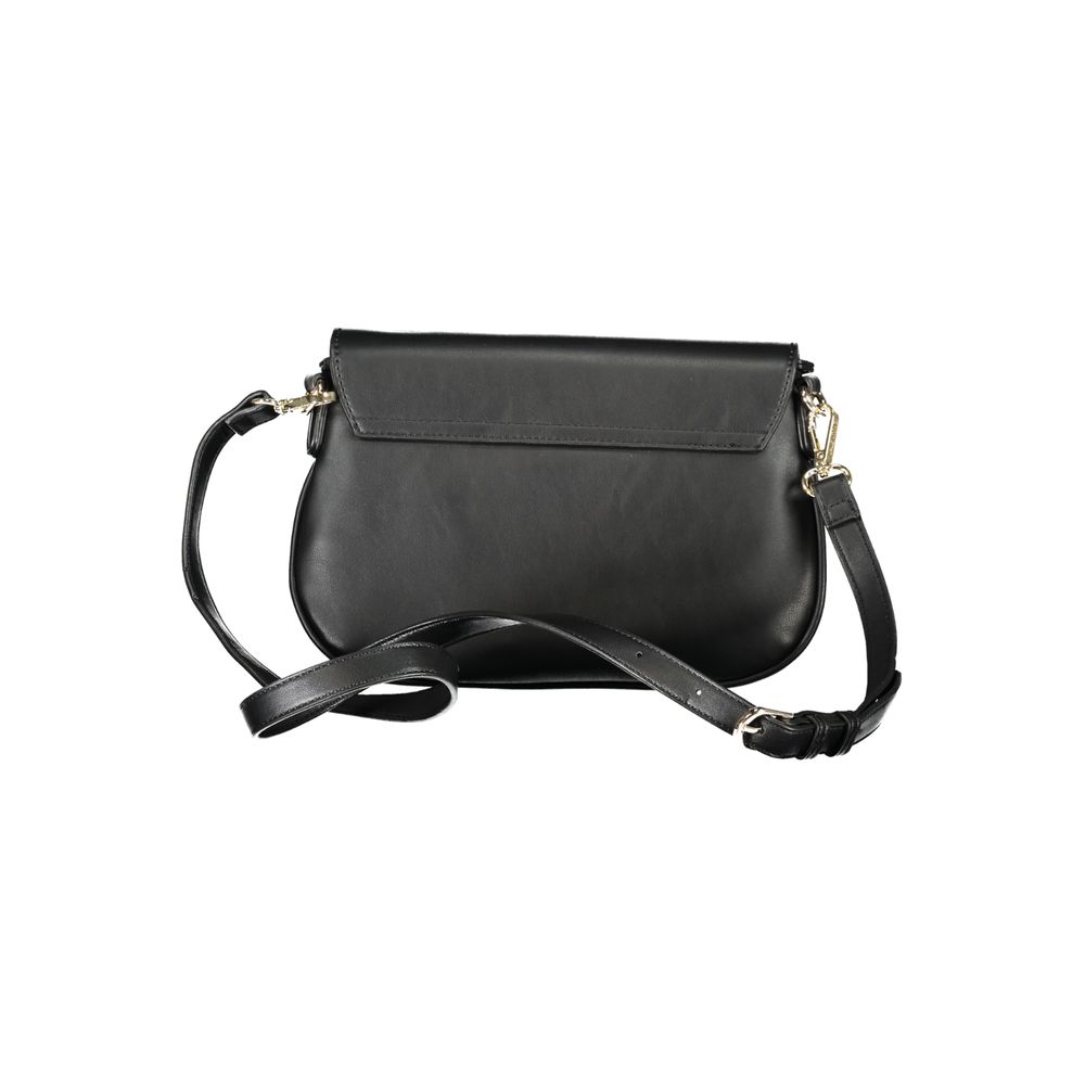 Mario Valentino Black Polyethylene Handbag with adjustable strap and zipper closure, featuring logo design, front view.