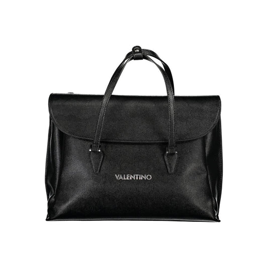 Mario Valentino Black Polyethylene Handbag with adjustable strap, laptop and pen holder, snap closure, and logo detail.