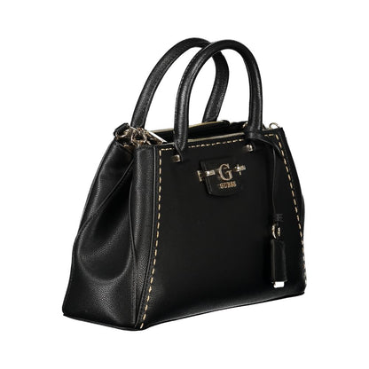 Guess Jeans Black Polyethylene Handbag with ribbon design, two handles, removable strap, multiple pockets, and logo detailing.