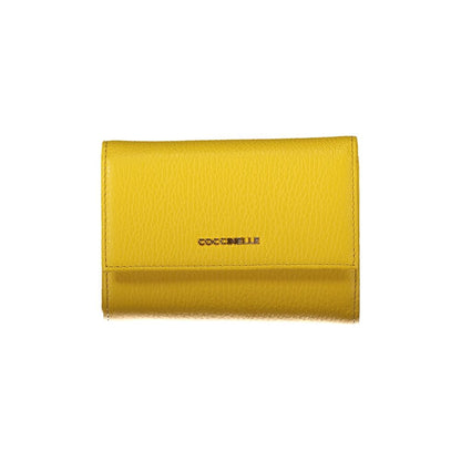 Coccinelle Yellow Leather Wallet with metallic finish, 3 compartments, card spaces, external coin pocket, zip and automatic closure, logo on front.