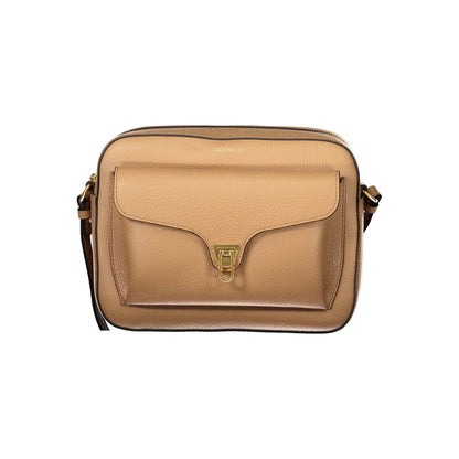 Coccinelle Brown Leather Handbag with adjustable shoulder strap, external and internal pockets, zip and rotary closure, logo detail.