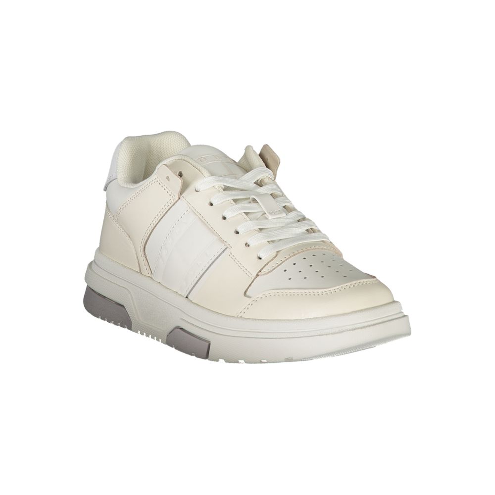 Tommy Hilfiger White Polyester Sneaker with contrast details and logo, featuring a lace-up design for sports footwear enthusiasts.