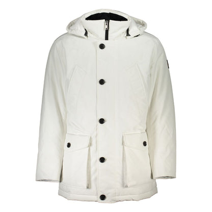 Hugo Boss White Polyamide Men's Jacket with removable hood and large pockets, perfect for a sophisticated yet functional style.